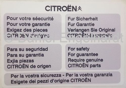 Aufkleber Citroen 'Für Sicherheit / Für Garantie etc...' (schwarz auf weiß, Heckkl. innen ab 1977)