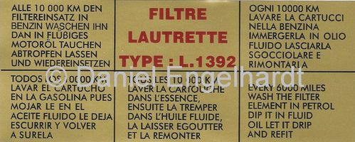 Sticker for air filter housing 'Miofiltre', Citroen DS i.e. and SM carburettor / 6000 miles